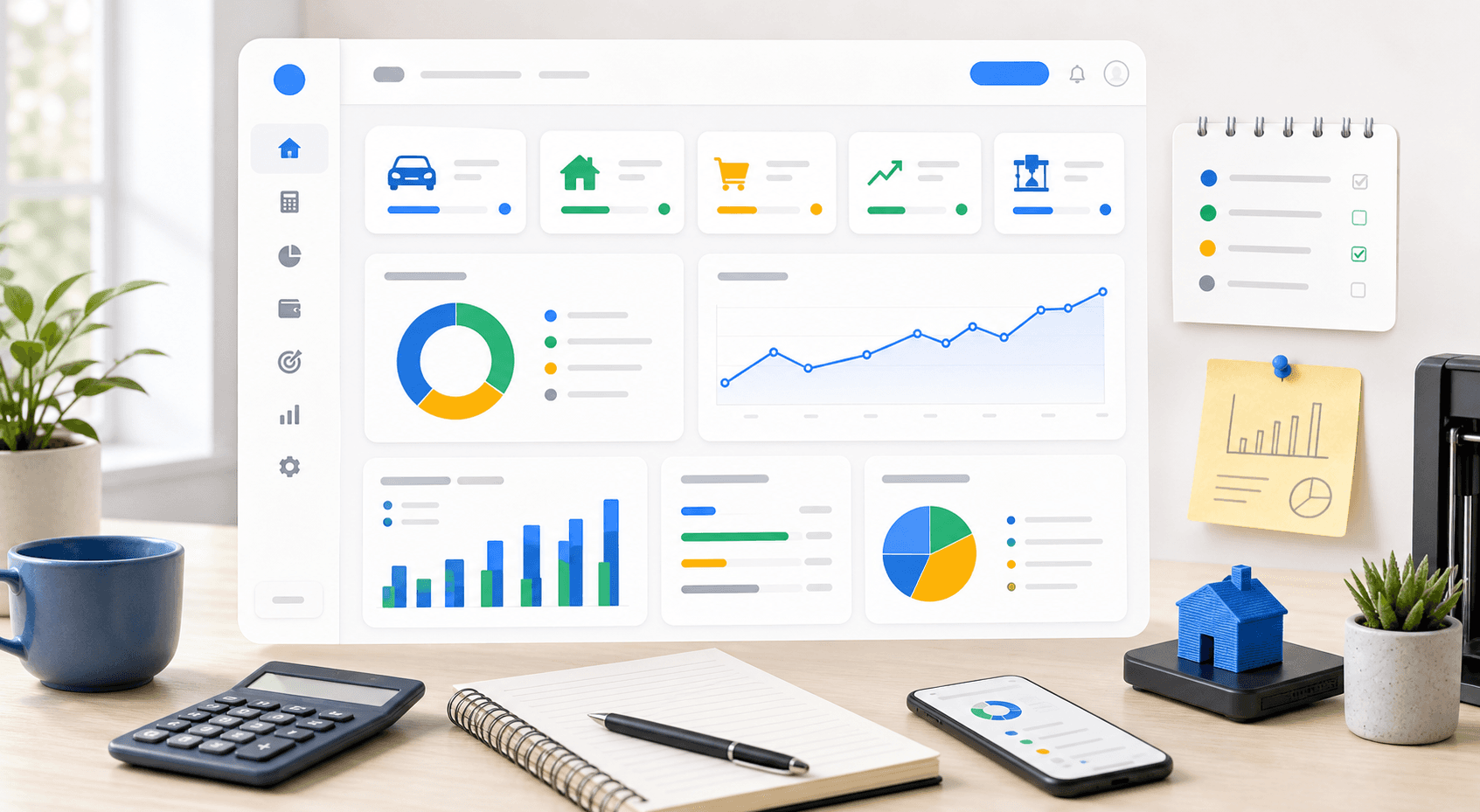Painel visual com cartões de calculadoras, gráficos e elementos de planejamento financeiro